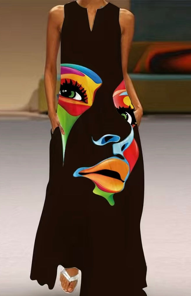 Abstract Face Print Maxi Dress