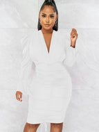 Ruched White Long Sleeve Dress