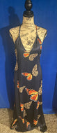 V Neck Butterfly Print Backless Sleeveless Maxi Dress (Blue)