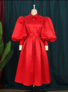 Plus Size Tie Wrap Puff Sleeve Maxi Dress (Red-3XL)