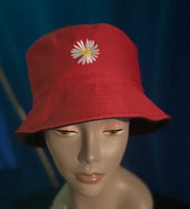 Red Bucket Hat With White Flower 